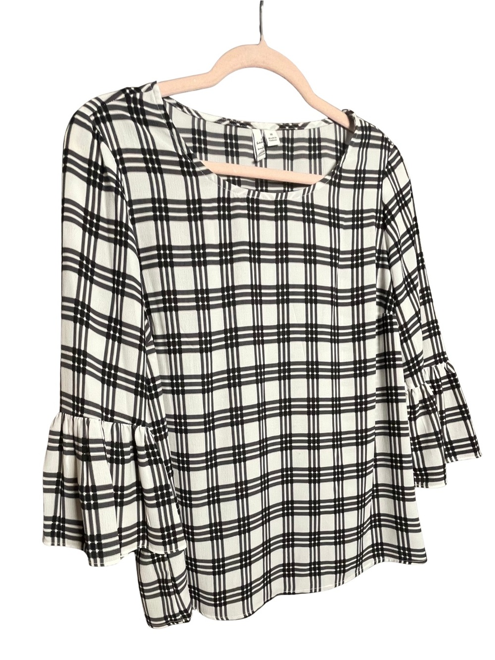 Women’s Black & White Plaid Ruffle Sleeve Top